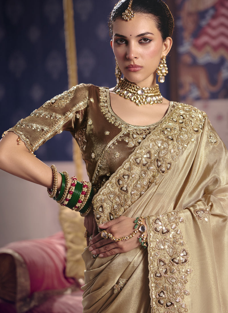 Vegaa Fashion Dark_Beige Silk Embroidered Wedding Wear Saree - Distacart