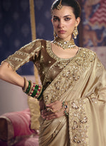 Thumbnail for Vegaa Fashion Dark_Beige Silk Embroidered Wedding Wear Saree - Distacart