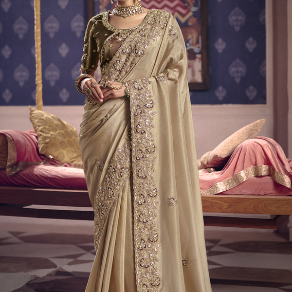 Vegaa Fashion Dark_Beige Silk Embroidered Wedding Wear Saree - Distacart