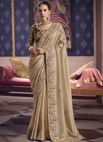 Thumbnail for Vegaa Fashion Dark_Beige Silk Embroidered Wedding Wear Saree - Distacart