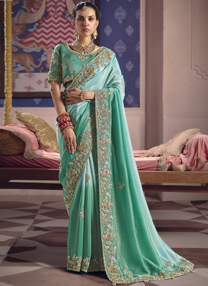 Vegaa Fashion Turquoise Silk Embroidered Wedding Wear Saree - Distacart