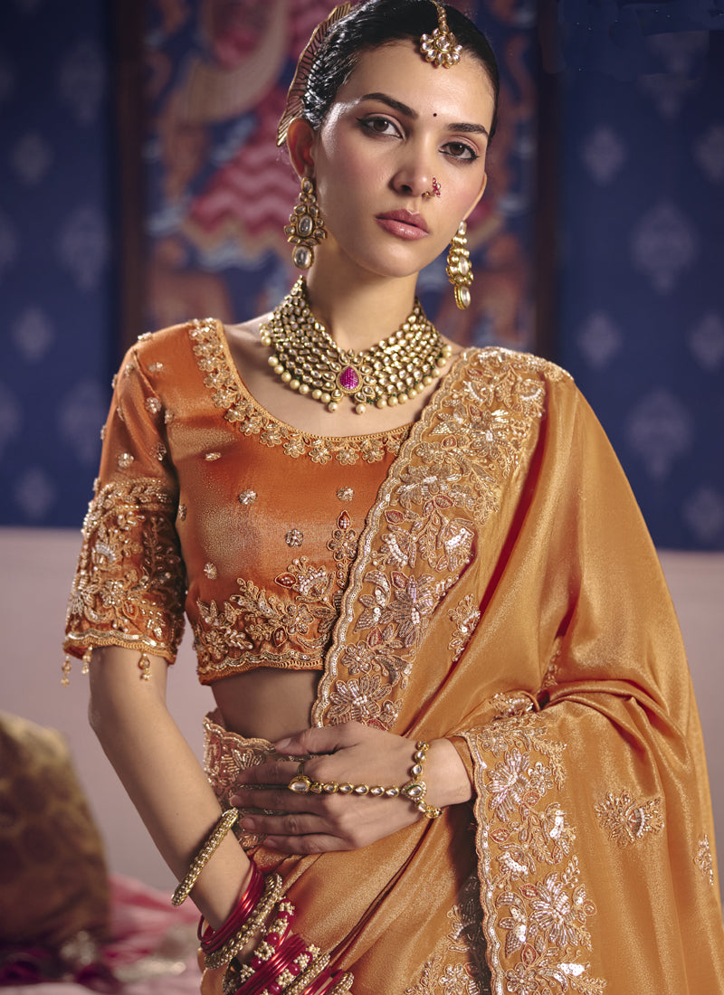 Vegaa Fashion Orange Silk Embroidered Wedding Wear Saree - Distacart