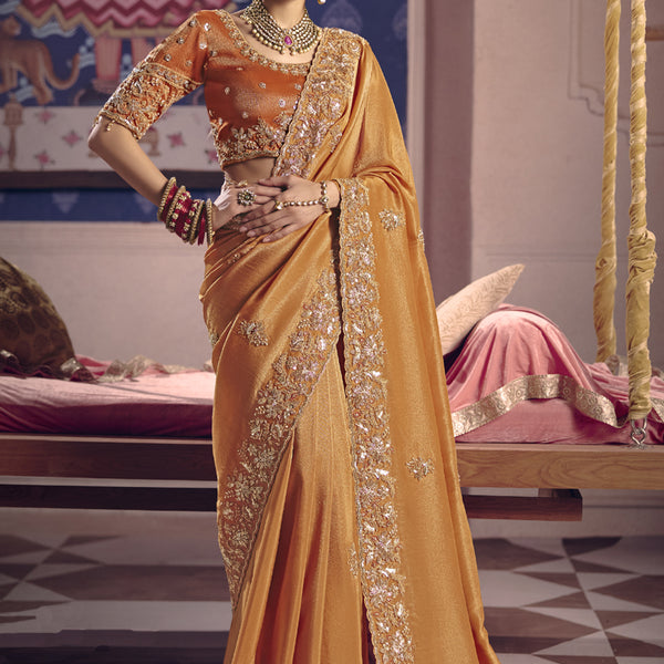 Vegaa Fashion Orange Silk Embroidered Wedding Wear Saree - Distacart