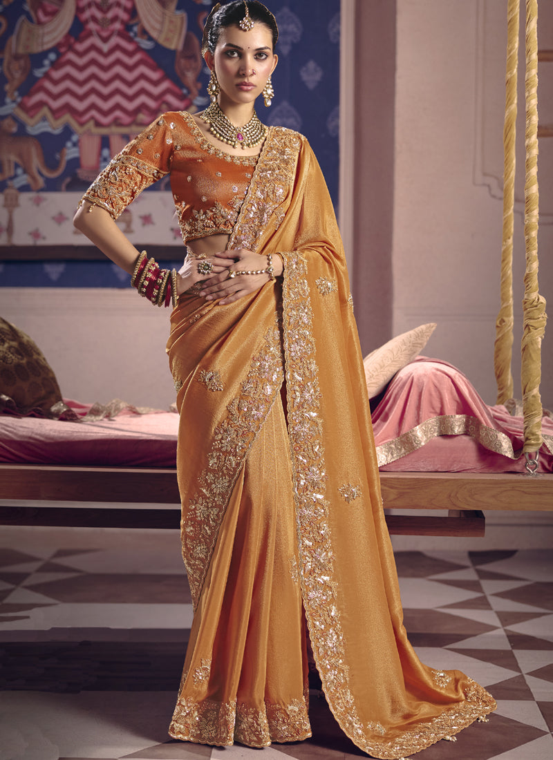 Vegaa Fashion Orange Silk Embroidered Wedding Wear Saree - Distacart