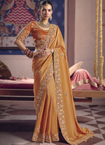 Thumbnail for Vegaa Fashion Orange Silk Embroidered Wedding Wear Saree - Distacart