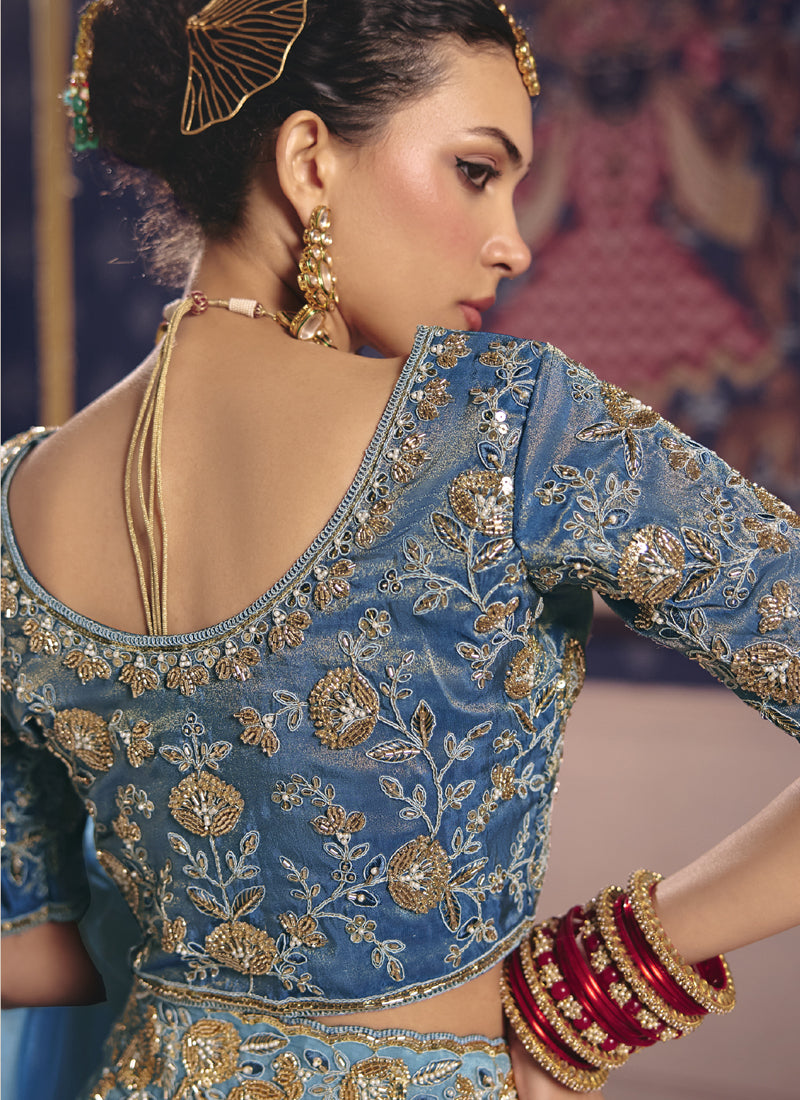 Vegaa Fashion Sky_Blue Silk Embroidered Wedding Wear Saree - Distacart