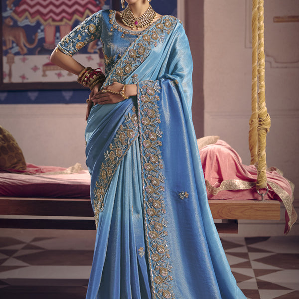 Vegaa Fashion Sky_Blue Silk Embroidered Wedding Wear Saree - Distacart