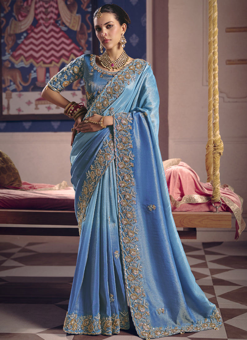 Vegaa Fashion Sky_Blue Silk Embroidered Wedding Wear Saree - Distacart