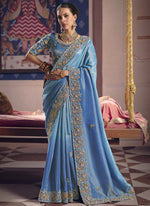 Thumbnail for Vegaa Fashion Sky_Blue Silk Embroidered Wedding Wear Saree - Distacart