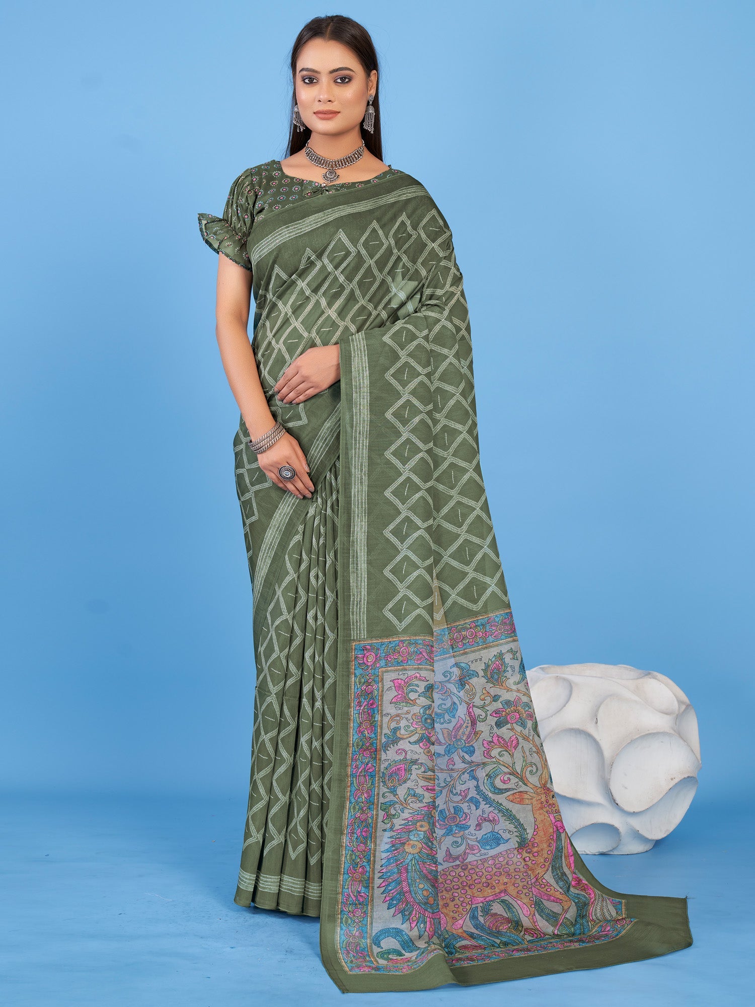 NOZ2TOZ Women's Linen Blend Olive Printed Designer Saree With Blouse Piece - Distacart
