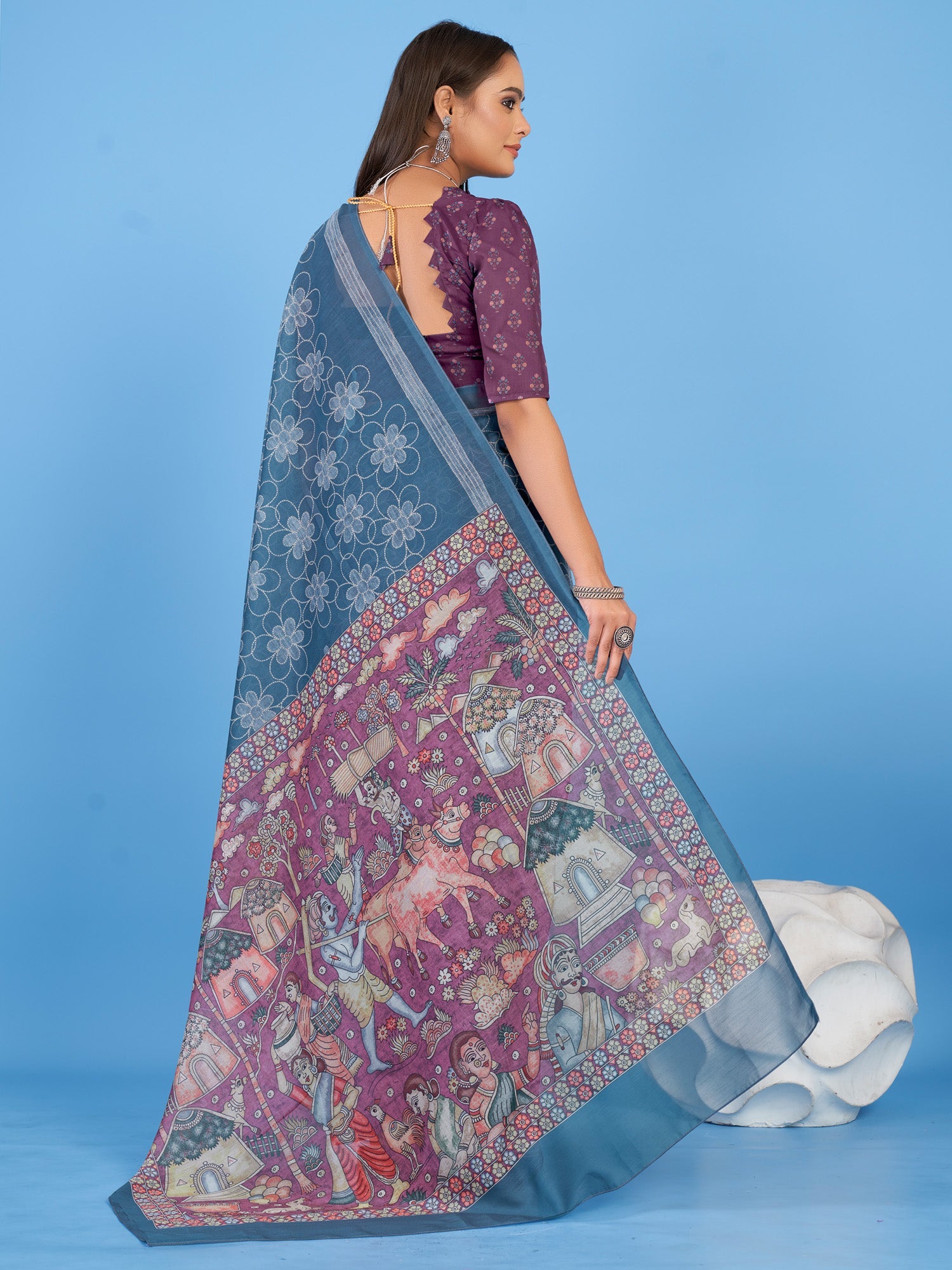 NOZ2TOZ Women's Linen Blend Teal blue Printed Designer Saree With Blouse Piece - Distacart