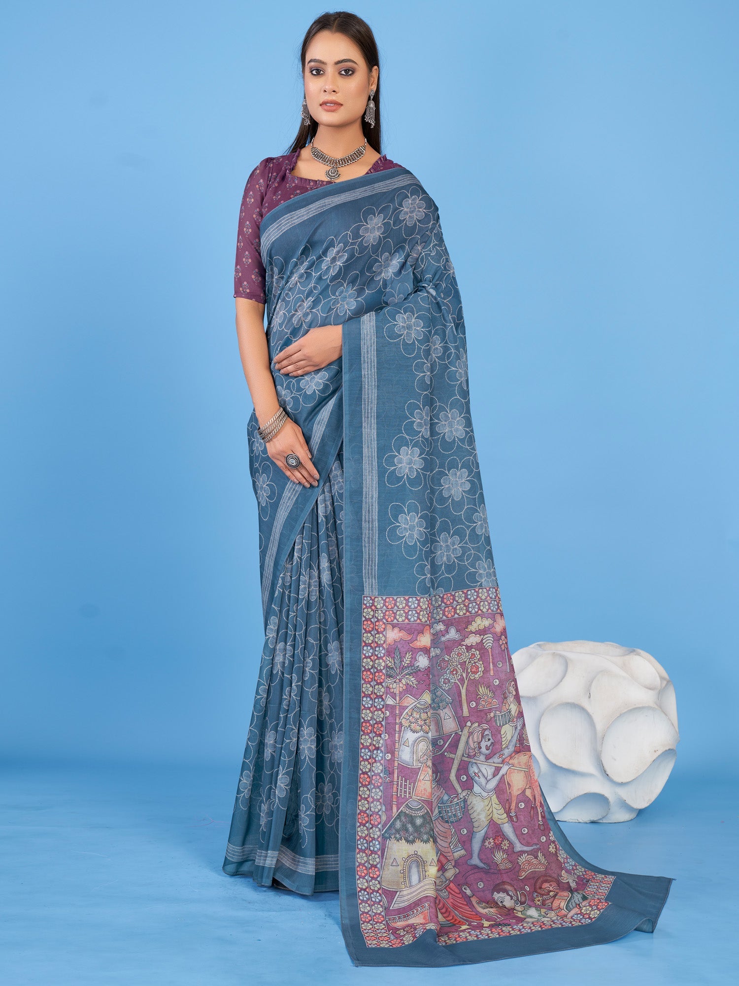 NOZ2TOZ Women's Linen Blend Teal blue Printed Designer Saree With Blouse Piece - Distacart