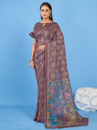 NOZ2TOZ Women's Linen Blend Brown Printed Designer Saree With Blouse Piece - Distacart