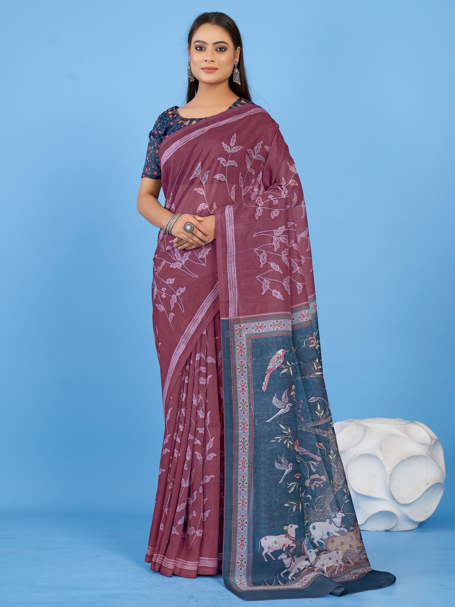 NOZ2TOZ Women's Linen Blend Burgundy Printed Designer Saree With Blouse Piece - Distacart