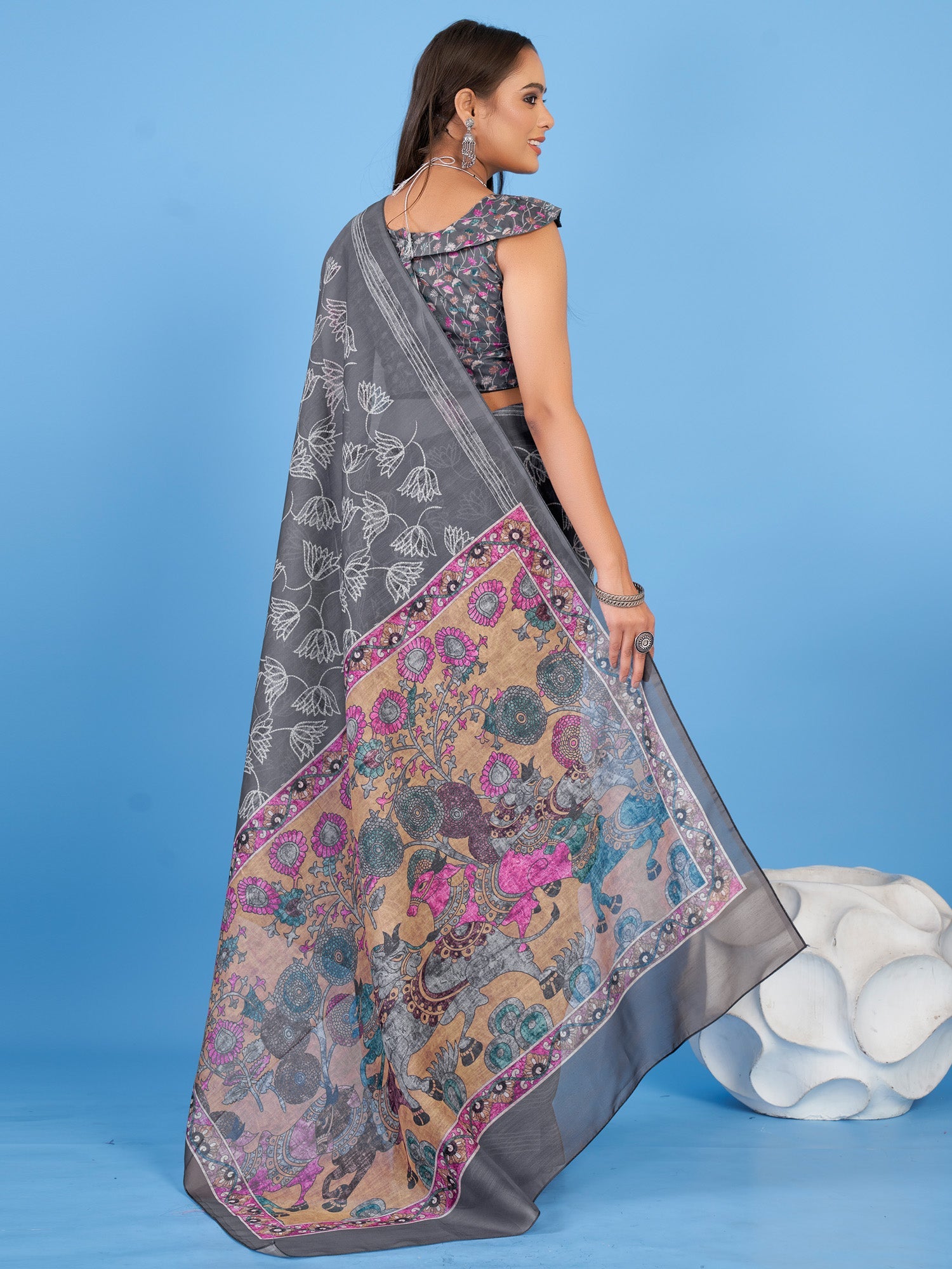 NOZ2TOZ Women's Linen Blend Grey Printed Designer Saree With Blouse Piece - Distacart