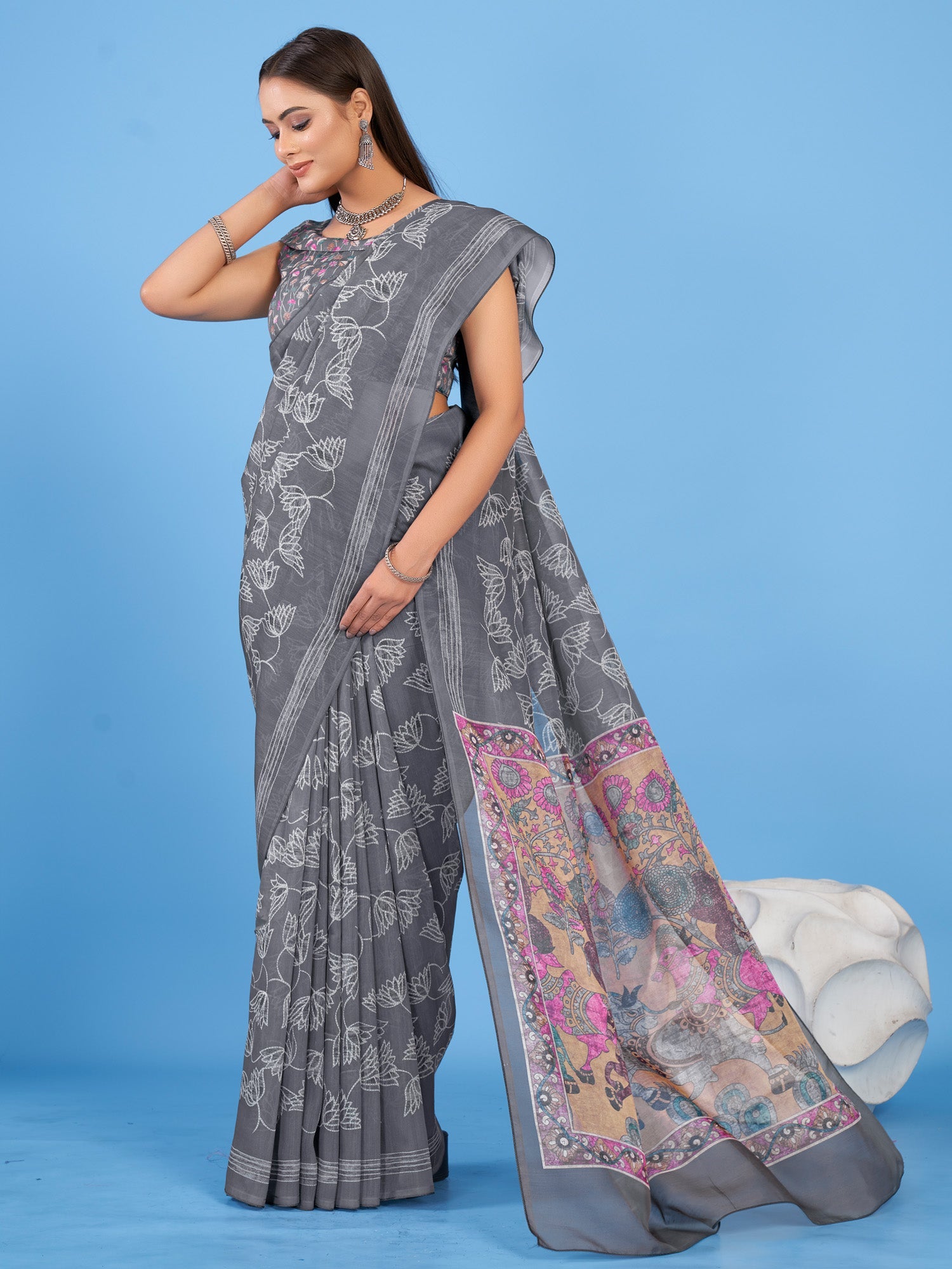 NOZ2TOZ Women's Linen Blend Grey Printed Designer Saree With Blouse Piece - Distacart