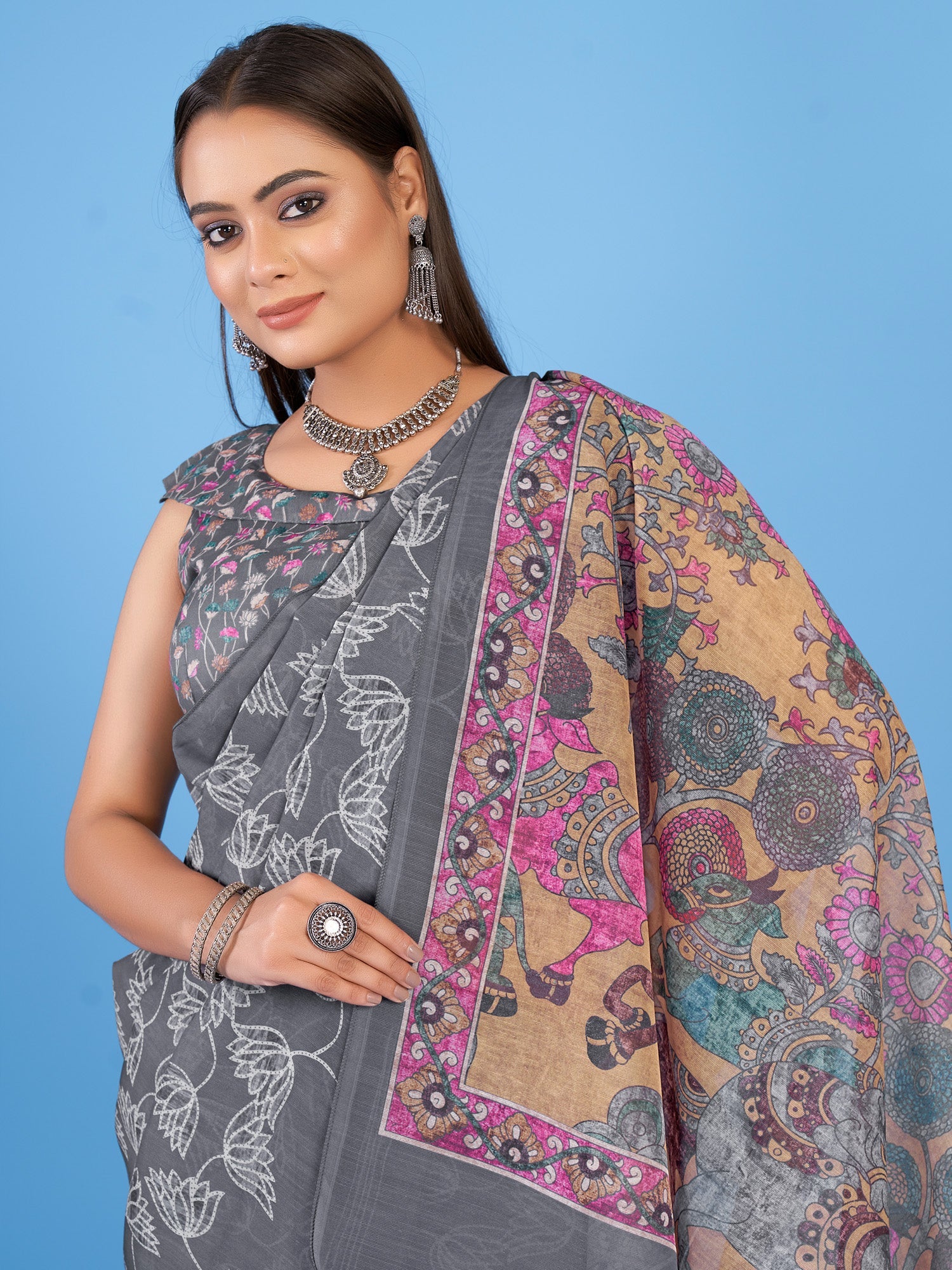 NOZ2TOZ Women's Linen Blend Grey Printed Designer Saree With Blouse Piece - Distacart