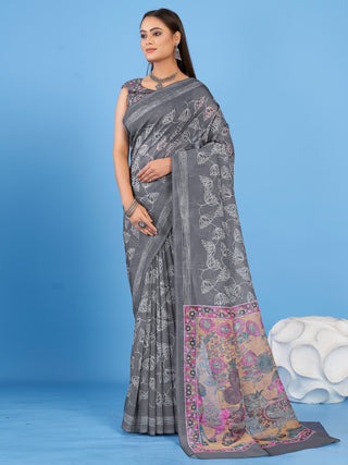 NOZ2TOZ Women's Linen Blend Grey Printed Designer Saree With Blouse Piece - Distacart