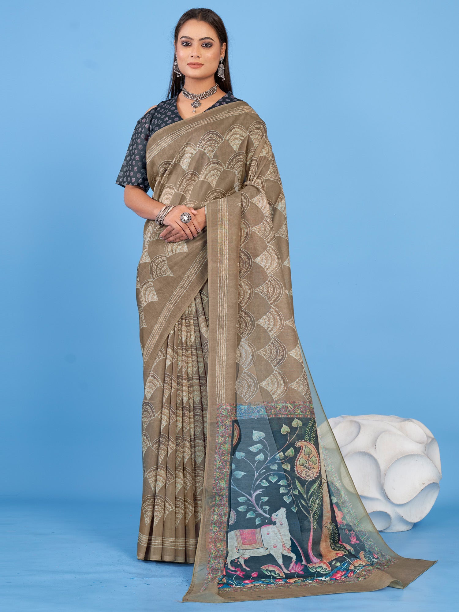 NOZ2TOZ Women's Linen Blend Beige Printed Designer Saree With Blouse Piece - Distacart