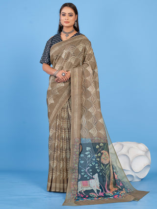 NOZ2TOZ Women's Linen Blend Beige Printed Designer Saree With Blouse Piece - Distacart