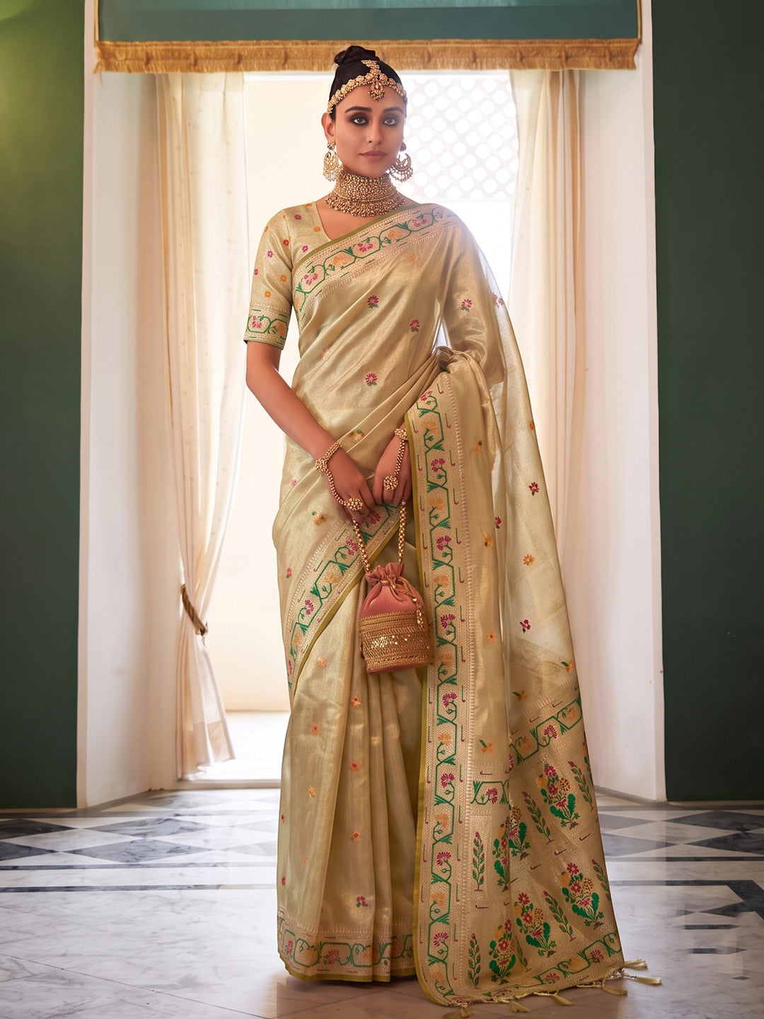 Shree Shyam Fashion Beige Woven Work Tissue Silk Fabric Festive Wear Saree With Blouse - Dista