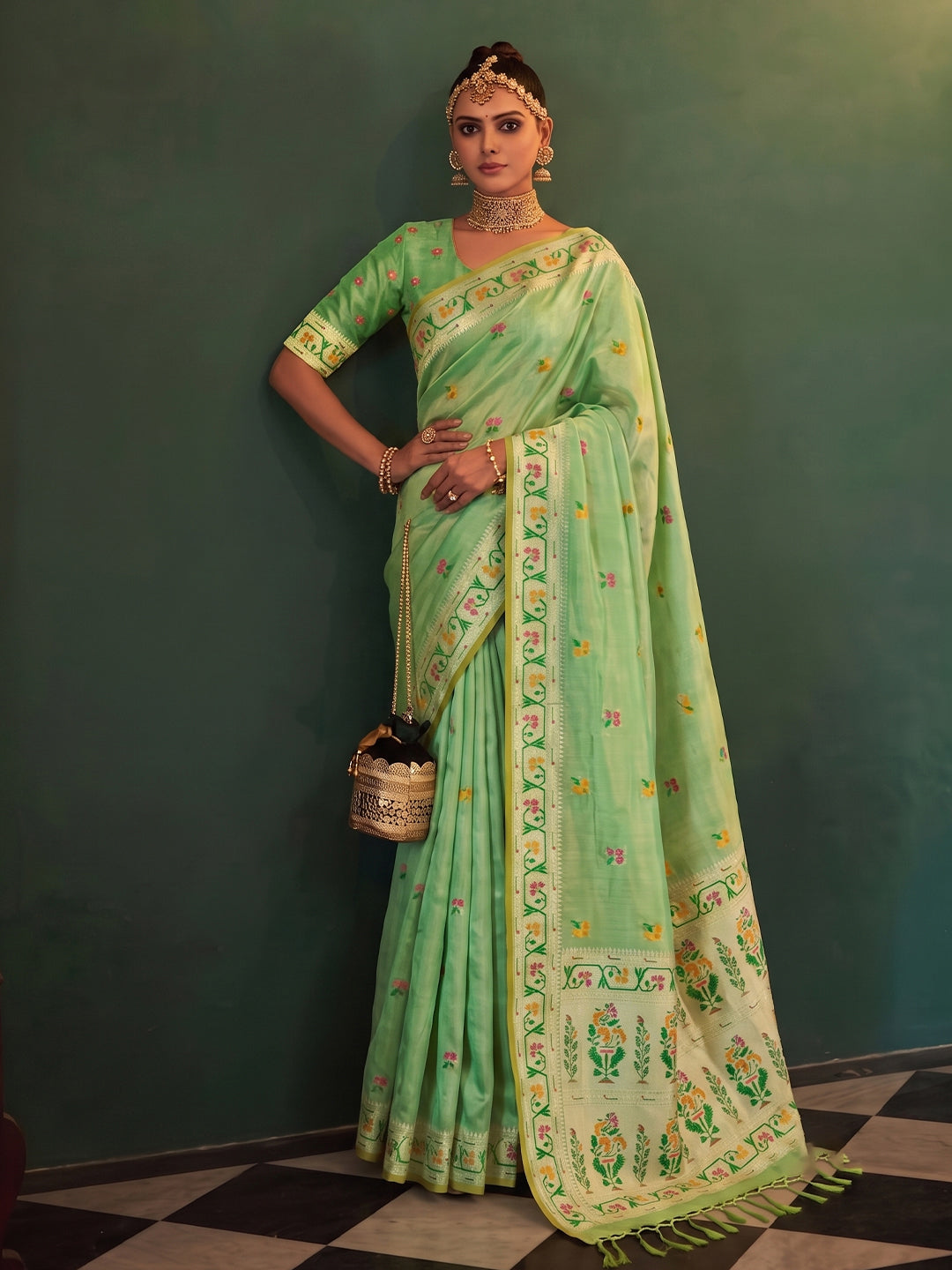 Shree Shyam Fashion Green Woven Work Tissue Silk Fabric Festive Wear Saree With Blouse - Dista