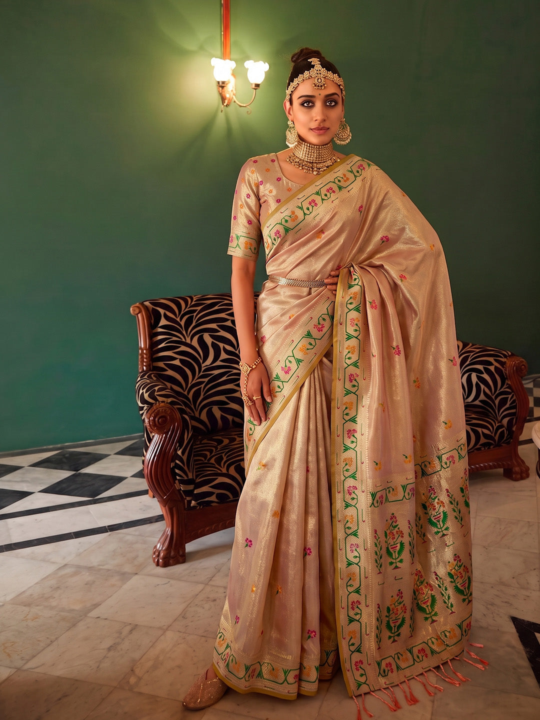Shree Shyam Fashion Cream Woven Work Tissue Silk Fabric Festive Wear Saree With Blouse - Dista
