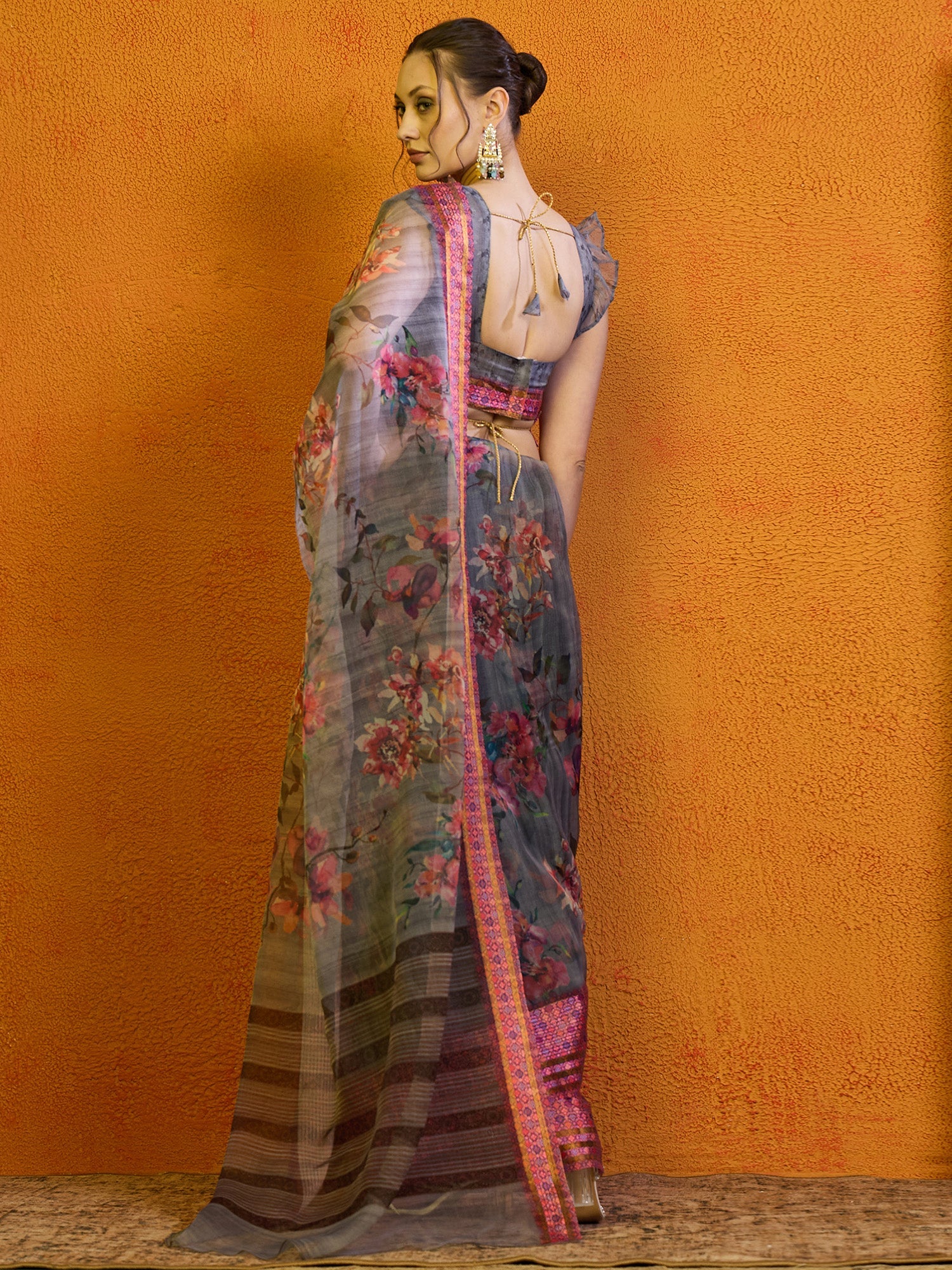 NOZ2TOZ Women's Organza Grey Printed Designer Saree With Blouse Piece - Distacart