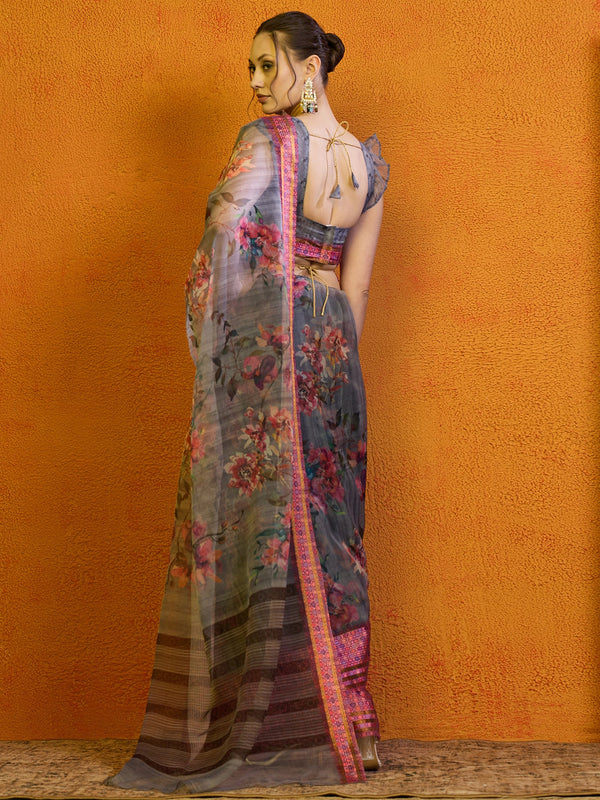 NOZ2TOZ Women's Organza Grey Printed Designer Saree With Blouse Piece - Distacart