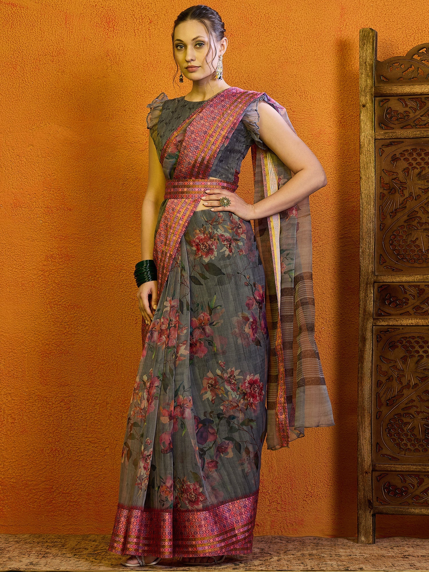 NOZ2TOZ Women's Organza Grey Printed Designer Saree With Blouse Piece - Distacart