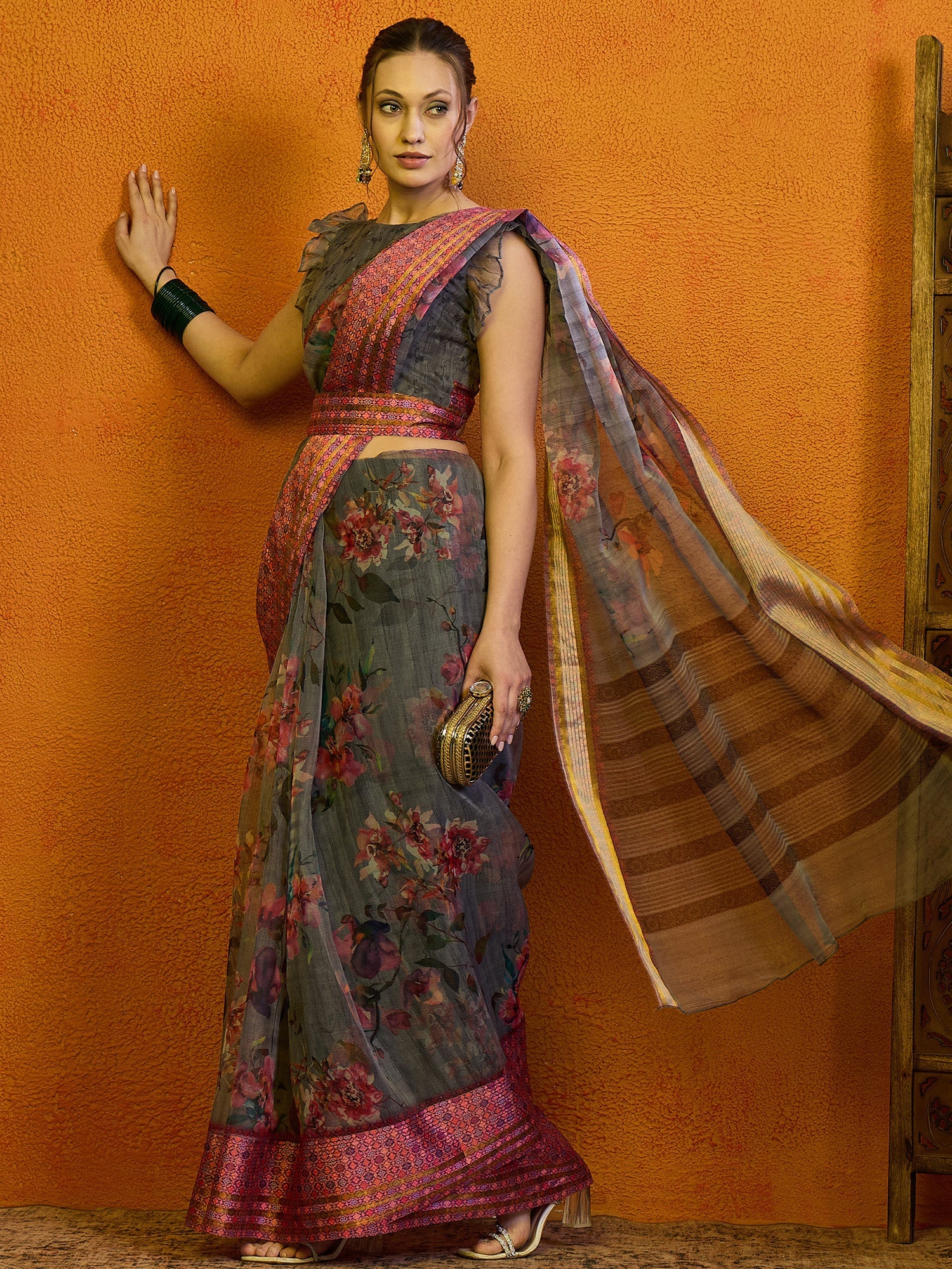 NOZ2TOZ Women's Organza Grey Printed Designer Saree With Blouse Piece - Distacart