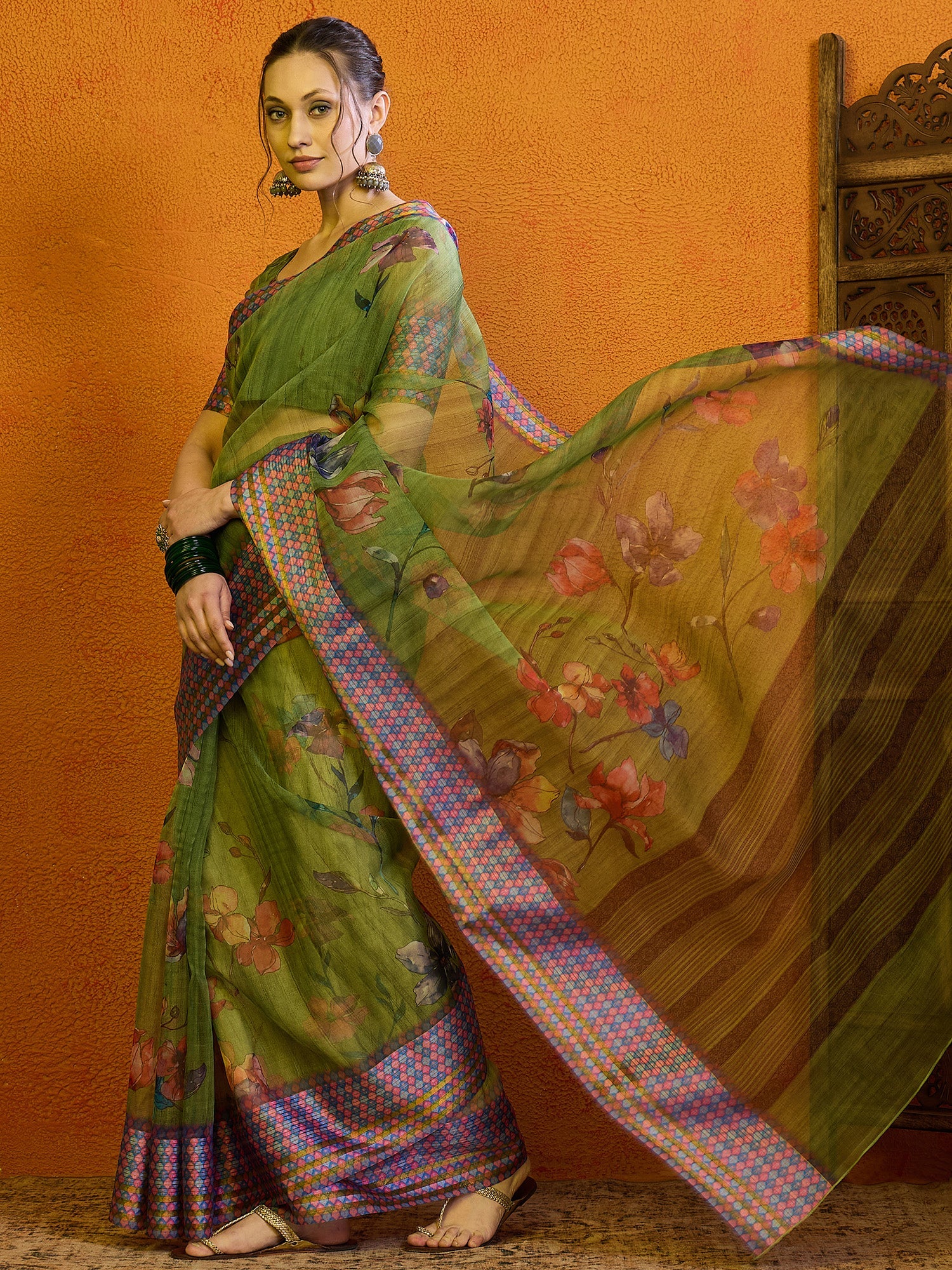 NOZ2TOZ Women's Organza Green Printed Designer Saree With Blouse Piece - Distacart