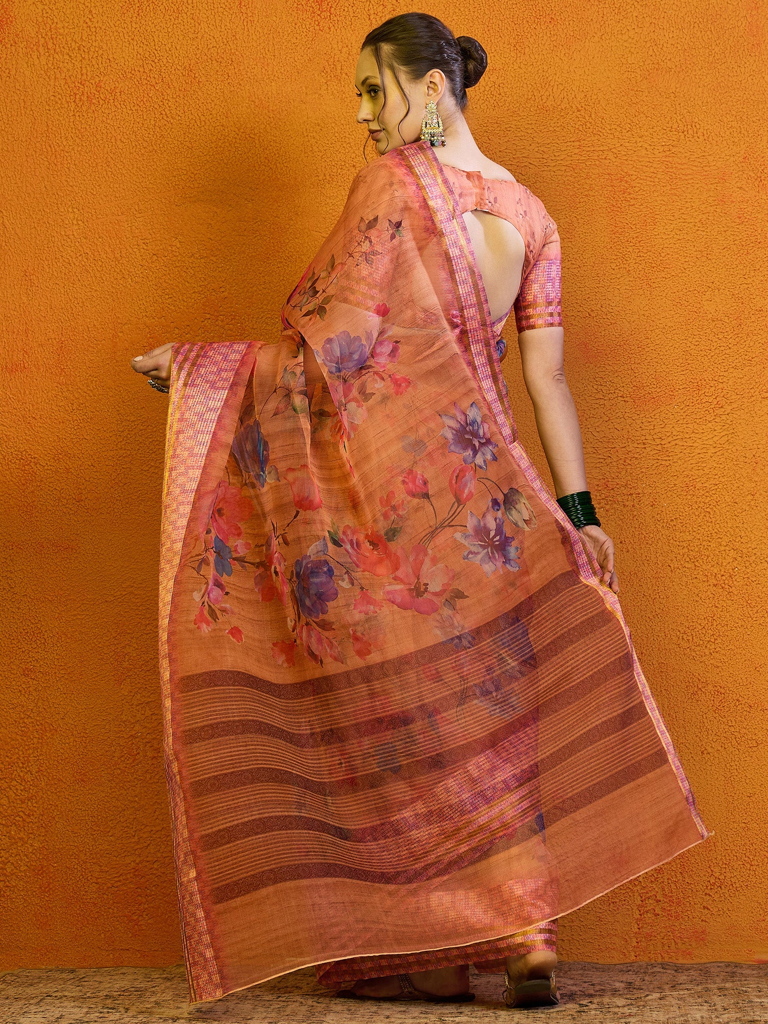 NOZ2TOZ Women's Organza Peach Printed Designer Saree With Blouse Piece - Distacart