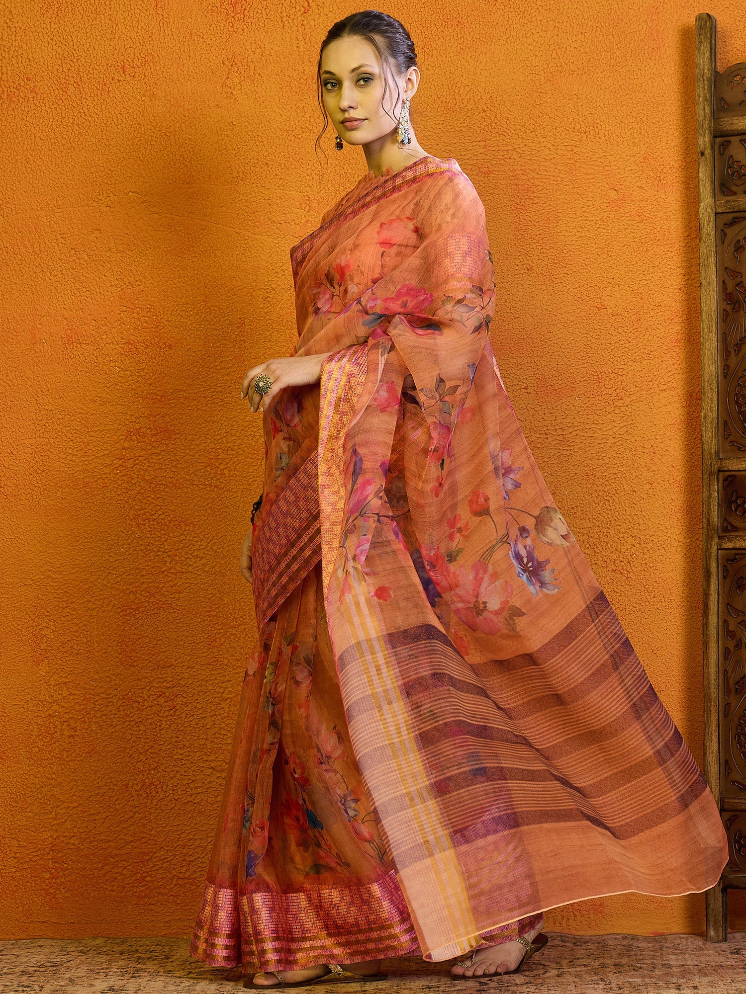 NOZ2TOZ Women's Organza Peach Printed Designer Saree With Blouse Piece - Distacart