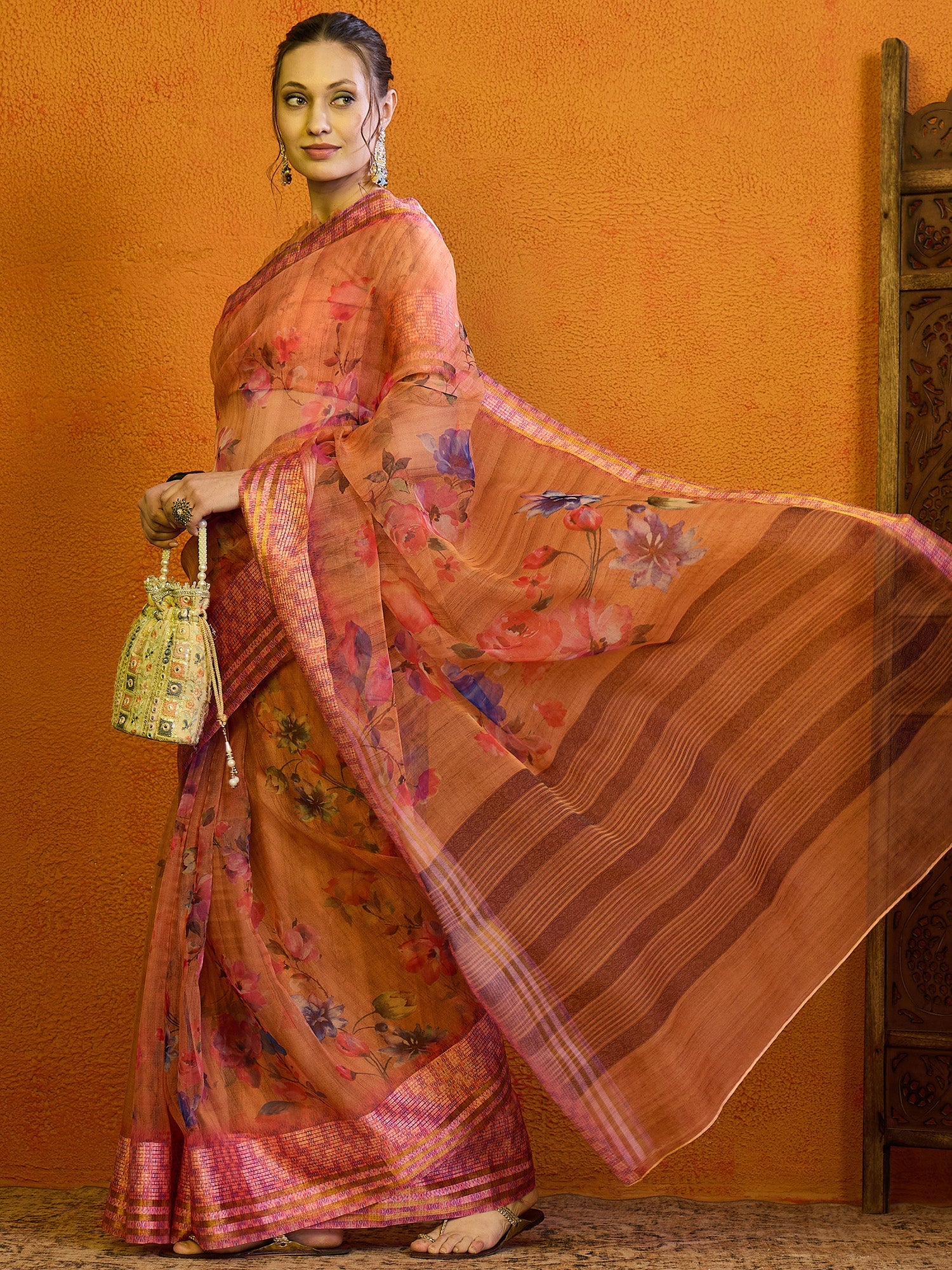 NOZ2TOZ Women's Organza Peach Printed Designer Saree With Blouse Piece - Distacart