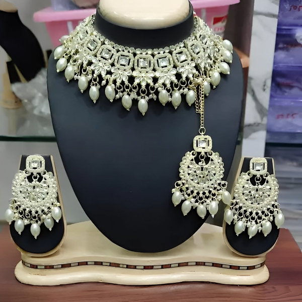 Jewel City Elegant Kundan Pearl Choker Necklace Set - Traditional Indian Bridal Jewelry with Earrings & Maang Tikka - Distacart