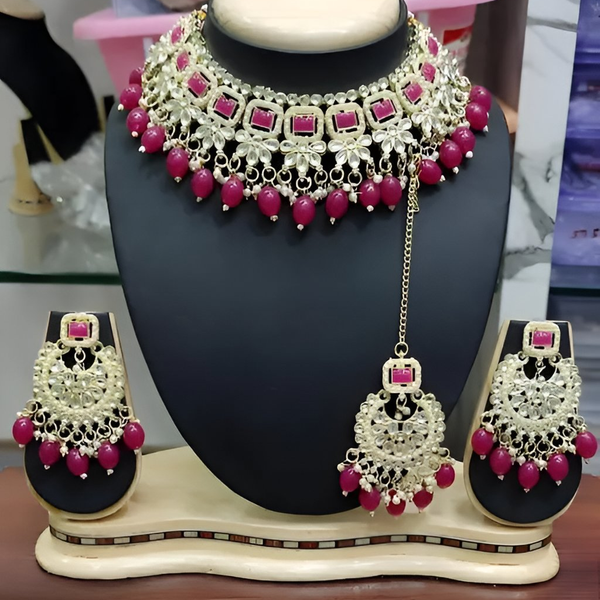 Jewel City Kundan Pearl Choker Necklace Set - Traditional Indian Jewelry with Earrings & Maang Tikka Rani Color