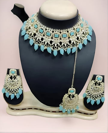 Jewel City Elegant Kundan Pearl Choker Necklace Set - Traditional Indian Bridal Jewelry with Earrings & Maang Tikka - Distacart