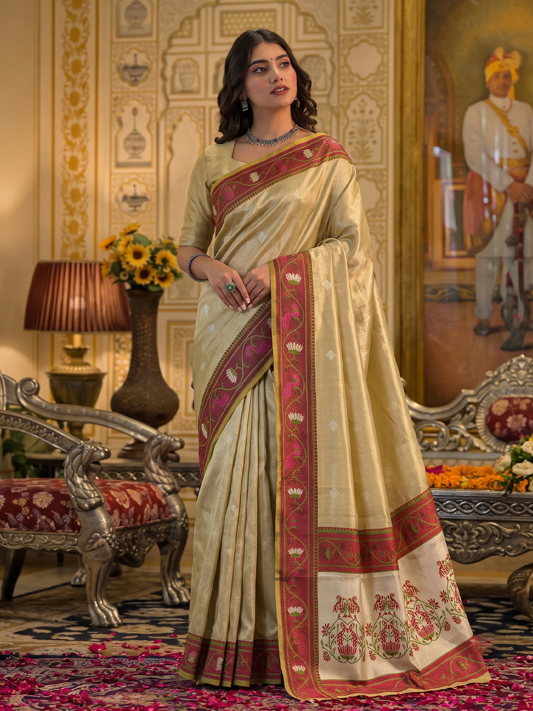 Shree Shyam Fashion Beige Zari Work Tissue Silk Woven Design Festive Wear Saree With Blouse