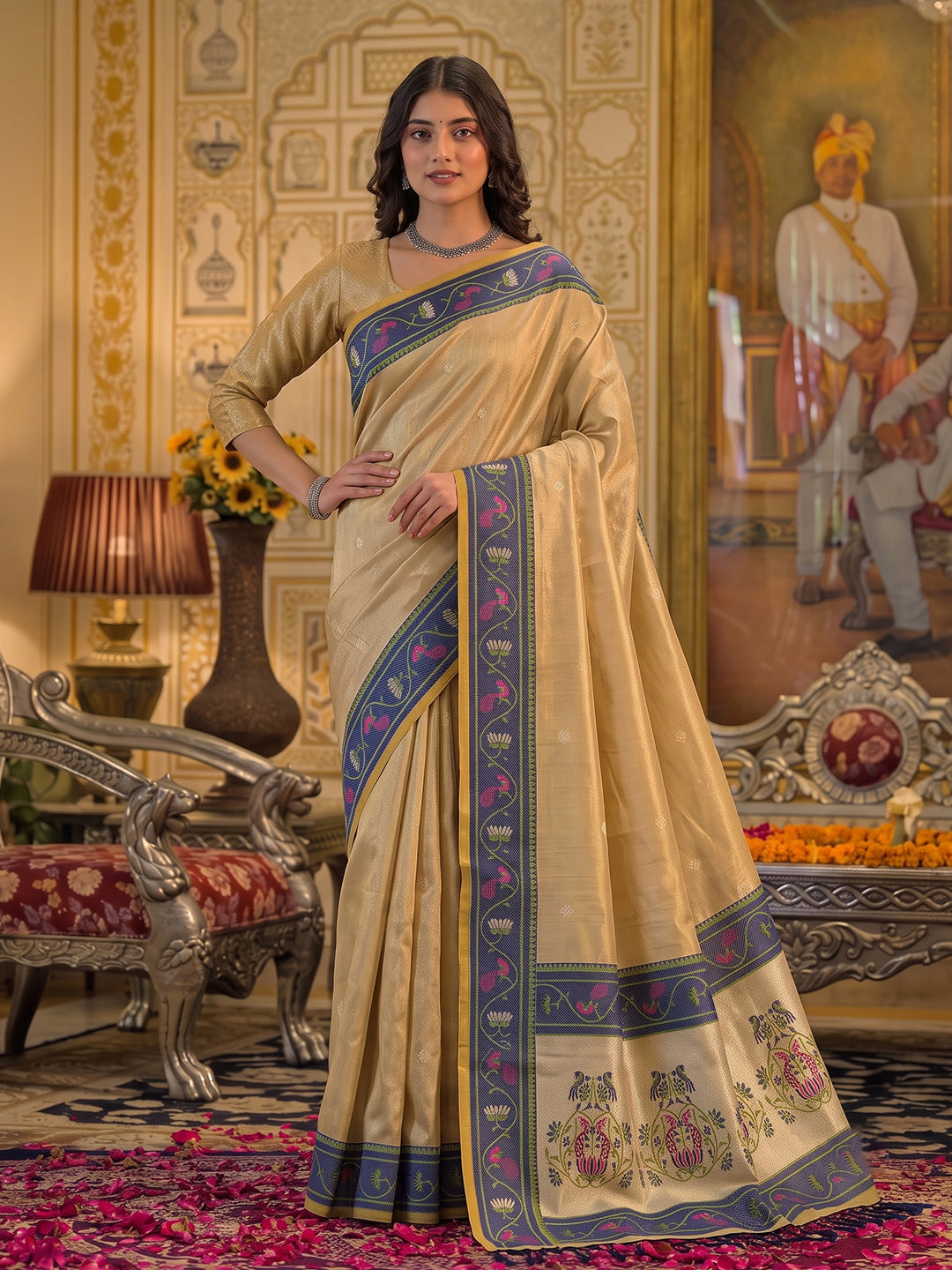 Shree Shyam Fashion Light Golden Zari Work Tissue Silk Woven Design Festive Wear Saree With Blouse