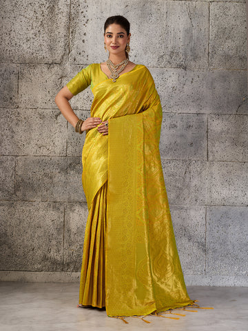 Shree Shyam Fashion Mustard Yellow Kanjivaram Silk Blend Fancy Saree - Dista