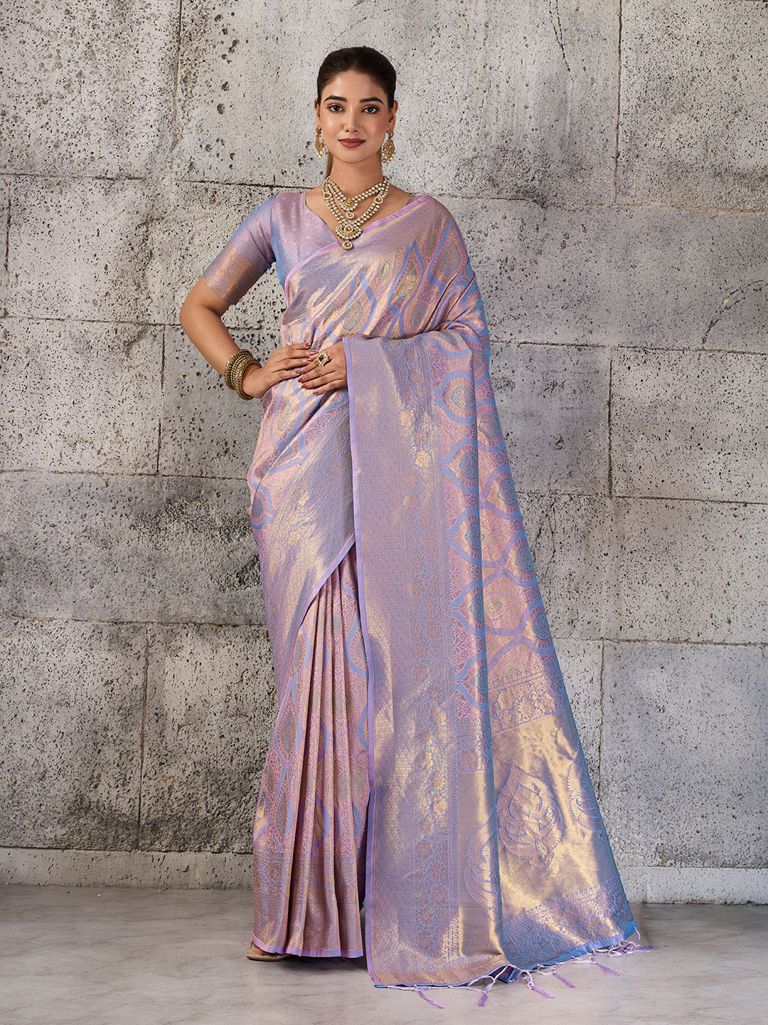 Shree Shyam Fashion Lavender Kanjivaram Silk Blend Fancy Saree - Dista