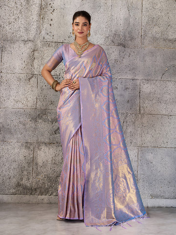Shree Shyam Fashion Lavender Kanjivaram Silk Blend Fancy Saree - Dista