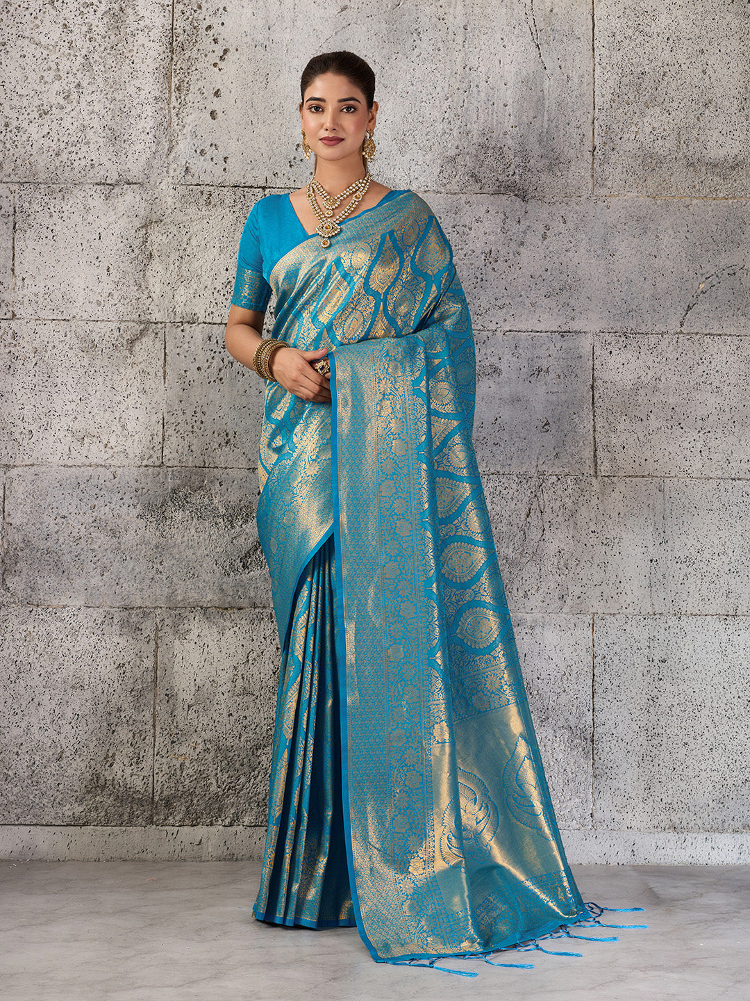 Shree Shyam Fashion Teal Blue Kanjivaram Silk Blend Fancy Saree - Dista