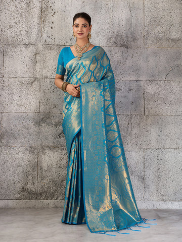 Shree Shyam Fashion Teal Blue Kanjivaram Silk Blend Fancy Saree - Dista