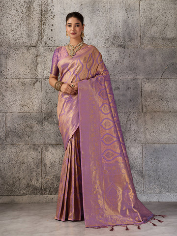 Shree Shyam Fashion Light Purple Kanjivaram Silk Blend Fancy Saree - Dista