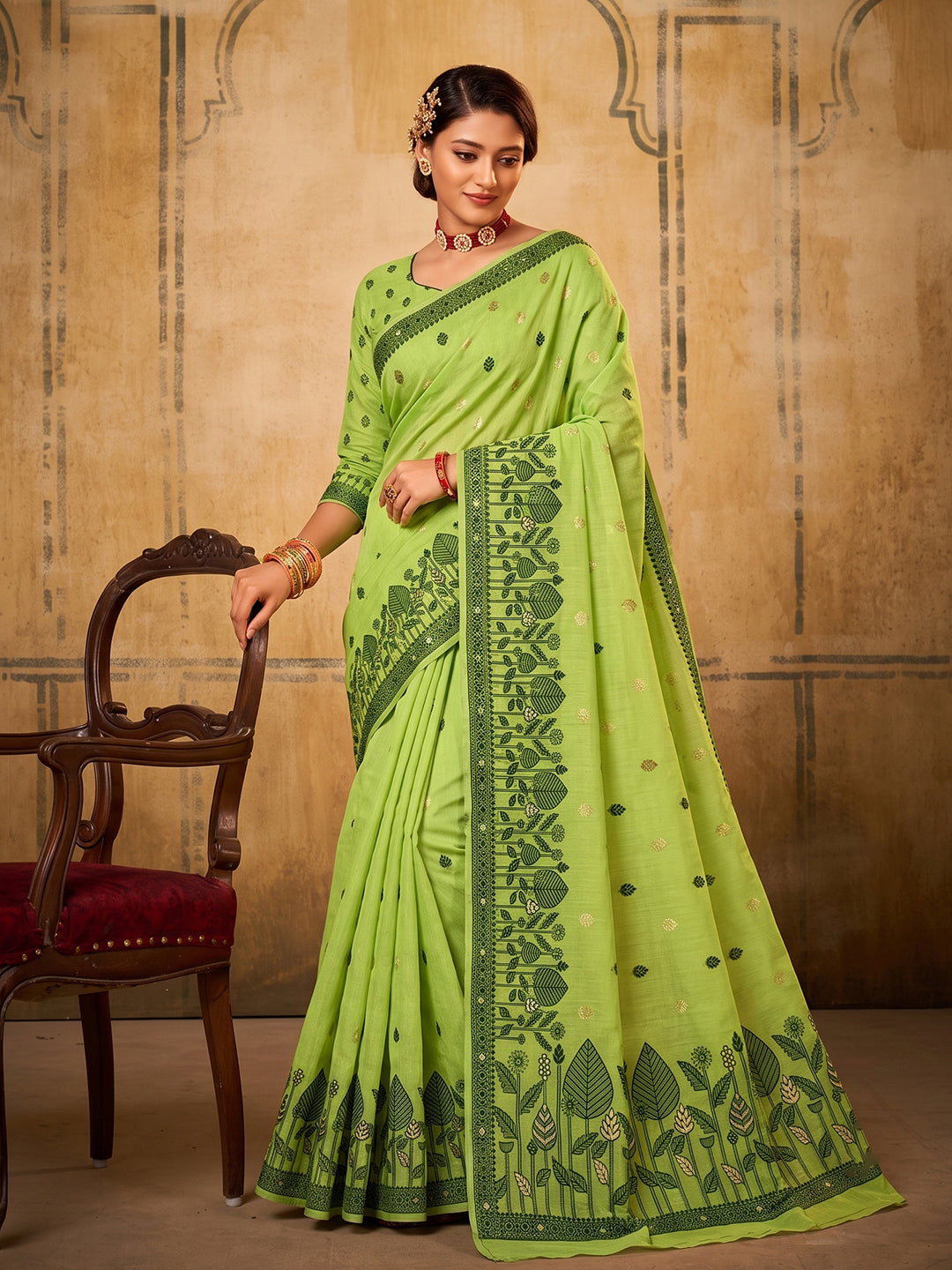 Shree Shyam Fashion Woven Work Cotton Fabric Festive Wear Saree With Blouse-Light Green - Dista