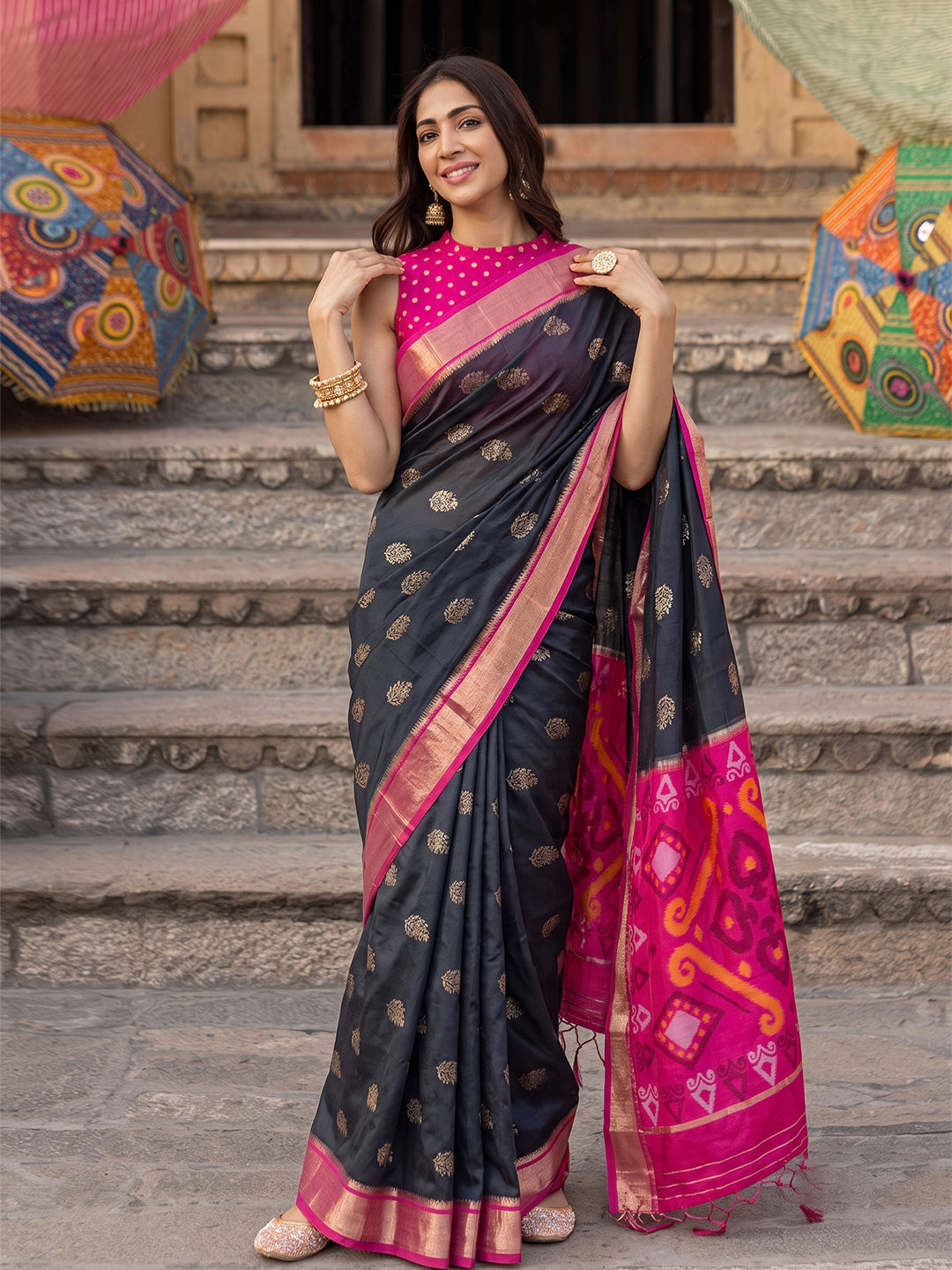 Shree Shyam Fashion Black & Rani Pink Woven Work Soft Silk Fabric Festive Wear Saree With Blouse - Dista