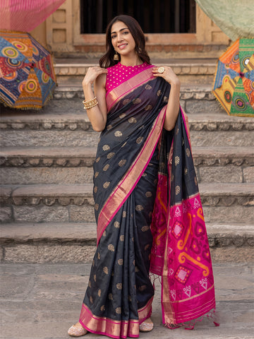 Shree Shyam Fashion Black & Rani Pink Woven Work Soft Silk Fabric Festive Wear Saree With Blouse - Dista