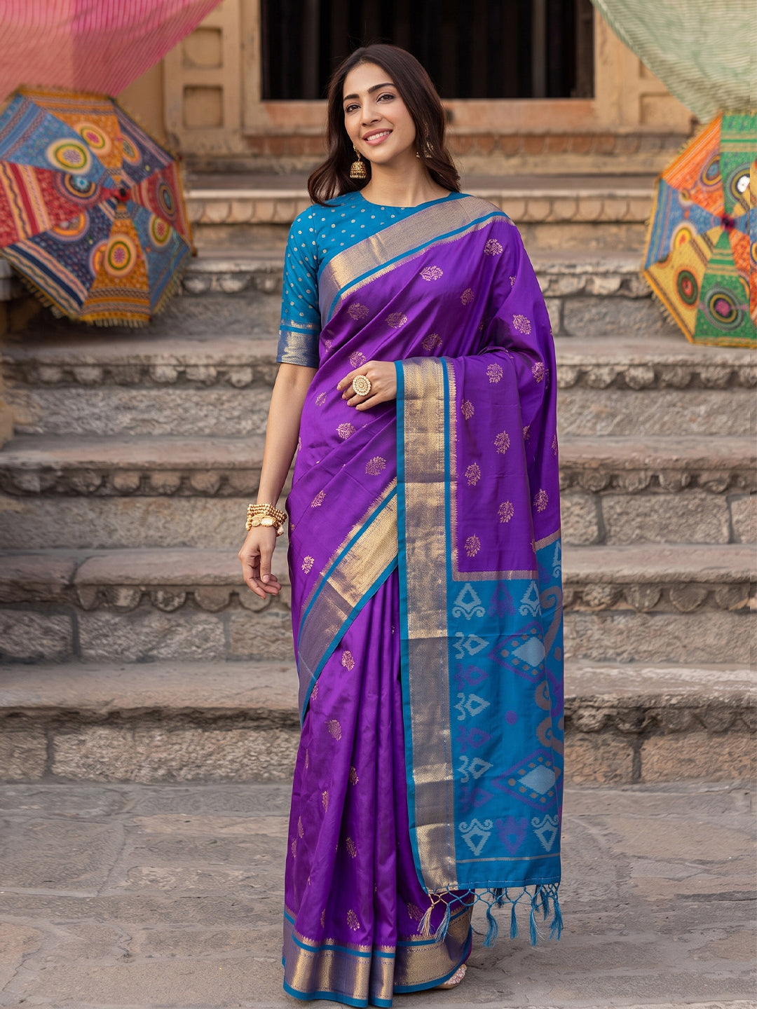 Shree Shyam Fashion Purple & Blue Woven Work Soft Silk Fabric Festive Wear Saree With Blouse - Dista